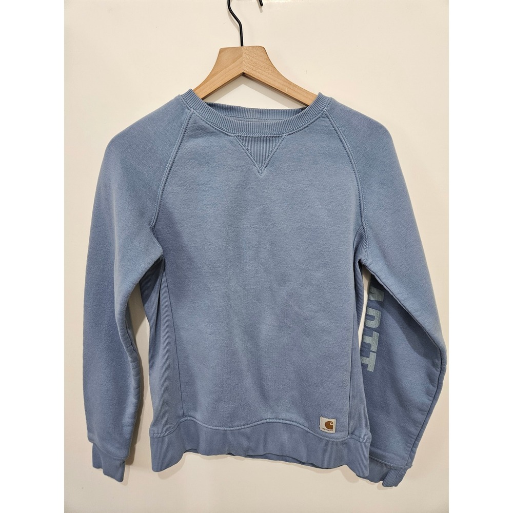 Carhartt Womens Relaxed Fit‎ Crewneck Sweatshirt Blue Sleeve Logo Small S